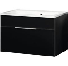 Moderner Waschbeckenunterschrank zur Wandmontage mit einer Schublade, Metallgriff und integriertem Keramikwaschbecken.
