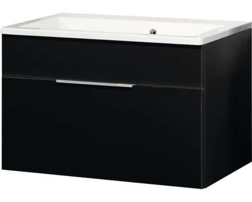 Moderner Waschbeckenunterschrank zur Wandmontage mit einer Schublade, Metallgriff und integriertem Keramikwaschbecken.