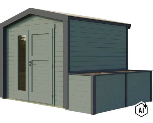 Abri de jardin en bois avec salon attenant intégré et porte double avec insert en verre. (Image AI modified or generated)
