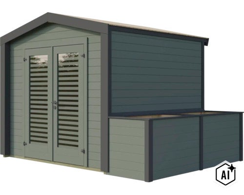 Abri de jardin moderne en bois avec double porte, fenêtres à lamelles et annexe latérale intégrée avec bac à plantes. (Image AI modified or generated)
