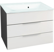 Waschtischunterschrank mit drei Schubladen und integriertem Waschbecken.