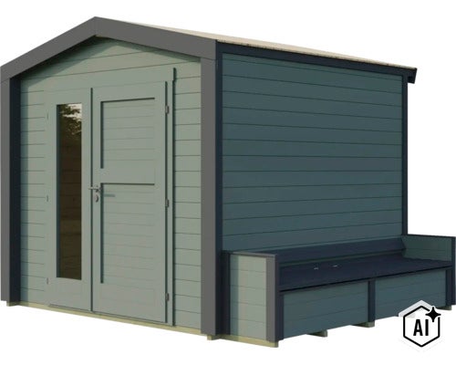 Abri de jardin en bois avec banc intégré et porte double vitrée pour extérieur (Image AI modified or generated)