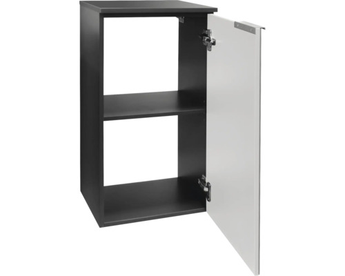 Armoire murale avec une étagère et porte ouverte, corps anthracite, façade blanche.