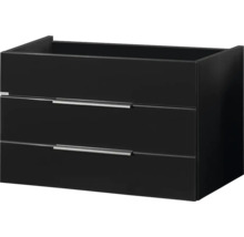 Meuble sous-vasque avec deux tiroirs et poignées argentées en noir.