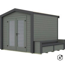 Abri de jardin moderne en bois avec double porte, inserts vitrés et banc intégré sur la paroi latérale (Image AI modified or generated)