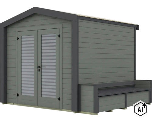 Abri de jardin moderne en bois avec double porte, inserts vitrés et banc intégré sur la paroi latérale (Image AI modified or generated)