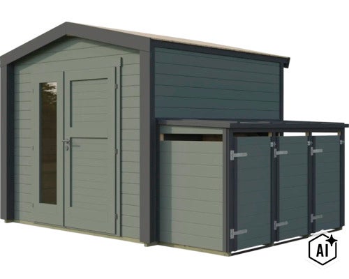 Abri de jardin en bois avec appentis intégré, double porte vitrée et toit en pente pour le rangement des outils de jardin en extérieur. (Image AI modified or generated)