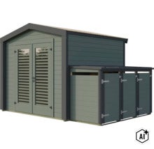 Abri de jardin en bois avec porte double et appentis intégré pour un espace de rangement supplémentaire (Image AI modified or generated)