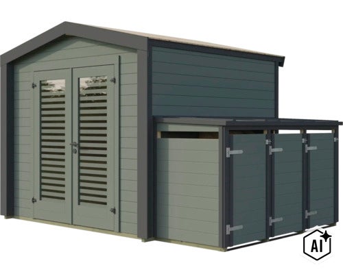 Abri de jardin en bois avec porte double et appentis intégré pour un espace de rangement supplémentaire (Image AI modified or generated)