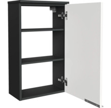 Armoire murale de salle de bain noire avec porte blanche et trois compartiments.