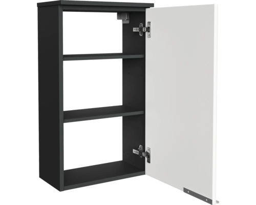 Armoire murale de salle de bain noire avec porte blanche et trois compartiments.