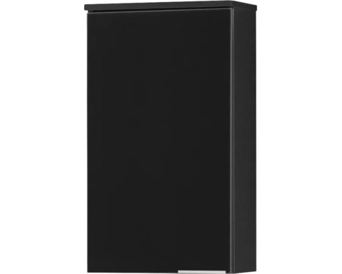 Armoire murale noire avec une porte et une petite poignée argentée.