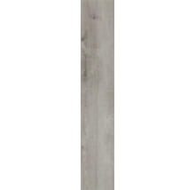 Lame de sol stratifié aspect bois gris avec nœuds et veinures.