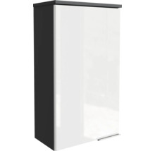 Armoire murale de salle de bains avec façade blanc brillant et corps sombre, design minimaliste avec poignée profilée en bas.