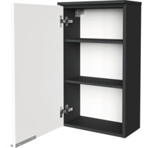 Meuble haut avec porte blanche ouverte, deux étagères et corps en anthracite.