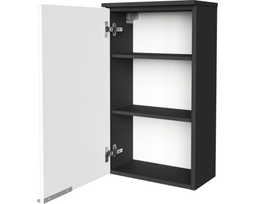 Meuble haut avec porte blanche ouverte, deux étagères et corps en anthracite.