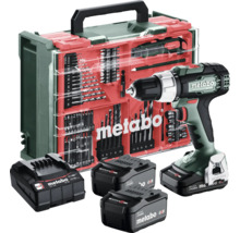 Set perceuse-visseuse sans fil Metabo avec trois batteries, chargeur et kit d'accessoires complet en coffret.