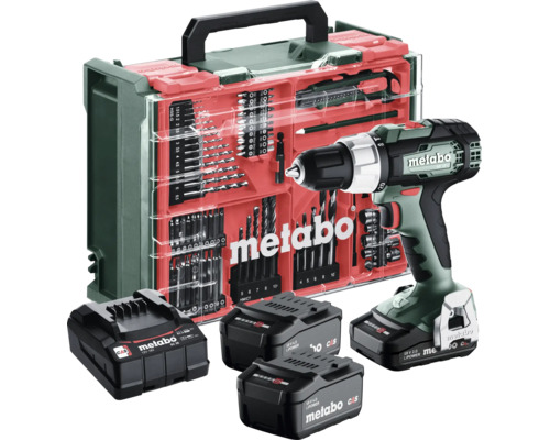 Set perceuse-visseuse sans fil Metabo avec trois batteries, chargeur et kit d'accessoires complet en coffret.