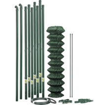 Kit de clôture vert complet avec rouleau de grillage, poteaux de clôture, fil de tension et accessoires de montage.