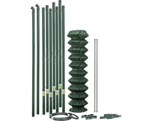 Kit de clôture vert complet avec rouleau de grillage, poteaux de clôture, fil de tension et accessoires de montage.