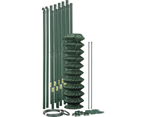 Kit de clôture grillagée avec poteaux, rouleau de grillage, fil de tension, barres de tension et accessoires.