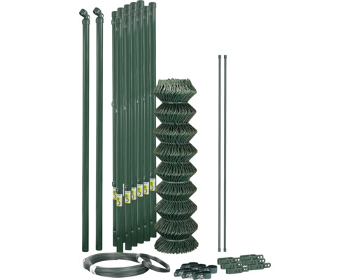 Kit de clôture grillagée avec rouleau de grillage, poteaux, jambes de force, fil de tension et fixations.