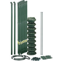 Kit complet de grillage vert avec rouleau de grillage, poteaux, jambes de force, fil de tension et accessoires de montage.