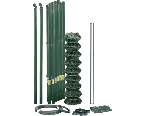 Kit complet de grillage vert avec rouleau de grillage, poteaux, jambes de force, fil de tension et accessoires de montage.