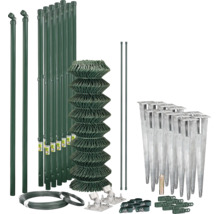 Kit de clôture grillagée complet avec rouleau de grillage, poteaux, jambes de force, fil de tension et supports à enfoncer.