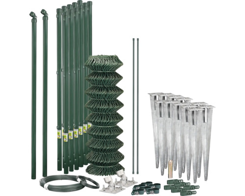 Kit de clôture grillagée complet avec rouleau de grillage, poteaux, jambes de force, fil de tension et supports à enfoncer.