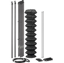 Kit complet de clôture grillagée avec rouleau de grillage, poteaux, jambes de force, fil de tension et accessoires de montage.