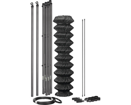 Kit complet de clôture grillagée avec rouleau de grillage, poteaux, jambes de force, fil de tension et accessoires de montage.