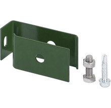 Fixation de clôture en métal vert avec boulon, écrou et vis autoperceuse.