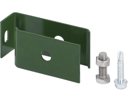 Zaunanschlusswinkel aus Metall in Grün mit Sechskantschraube, Mutter und Bohrschraube.