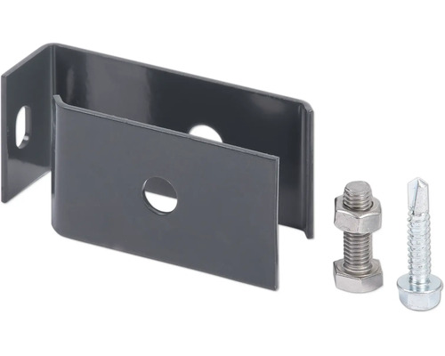 Metallhalterung mit vorgebohrten Löchern, inklusive Bolzen mit Mutter und einer Bohrschraube.
