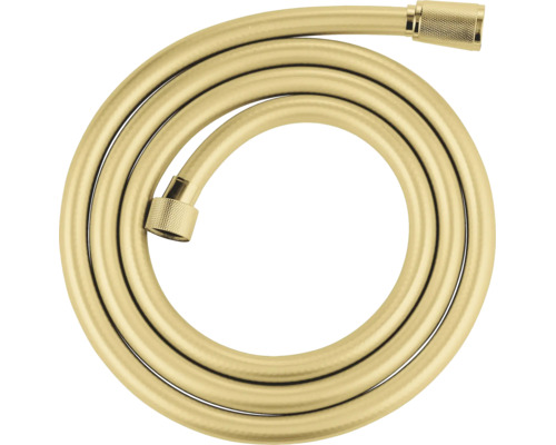 Flexible de douche doré avec raccords métalliques texturés.