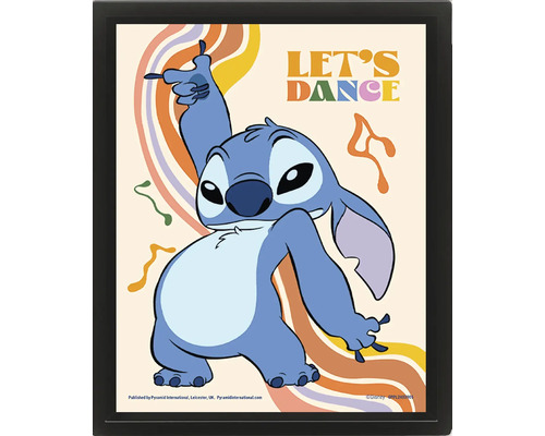 Poster encadré avec le personnage Disney Stitch, texte Let's Dance et motif de vagues rétro.