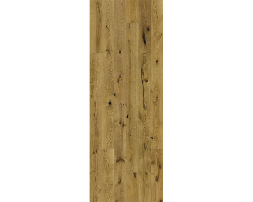 Parquet en chêne avec veinure rustique et nœuds apparents.