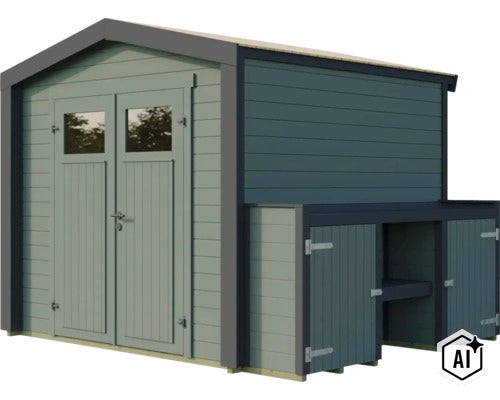Abri de jardin en bois avec double porte, fenêtres et annexe latérale pour rangement. (Image AI modified or generated)