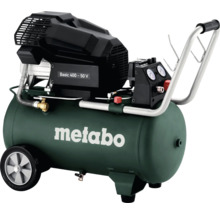 Compresseur à pistons Metabo vert Basic 400-50 Volt avec cuve de 50 litres, deux manomètres, poignée de transport et roues.