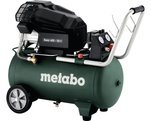 Compresseur à pistons Metabo vert Basic 400-50 Volt avec cuve de 50 litres, deux manomètres, poignée de transport et roues.