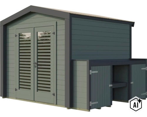 Abri de jardin en bois avec porte double et extension latérale pour espace de rangement supplémentaire comme abri pour outils. (Image AI modified or generated)