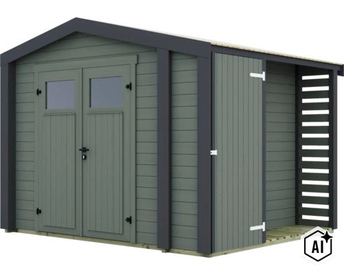 Abri de jardin moderne en bois avec double porte, fenêtres et annexe latérale pour le rangement. (Image AI modified or generated)