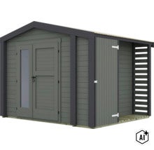 Abri de jardin moderne en bois avec doubles portes, insert en verre et appentis latéral intégré. (Image AI modified or generated)