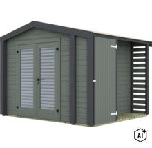 Abri de jardin en bois moderne avec double porte, inserts vitrés et appentis latéral pour bois de chauffage. (Image AI modified or generated)