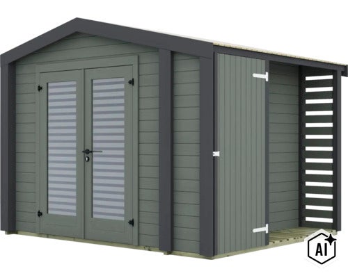 Abri de jardin en bois moderne avec double porte, inserts vitrés et appentis latéral pour bois de chauffage. (Image AI modified or generated)