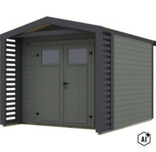 Abri de jardin moderne en bois avec double porte et protection latérale intégrée (Image AI modified or generated)