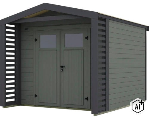 Abri de jardin moderne en bois avec double porte et protection latérale intégrée (Image AI modified or generated)
