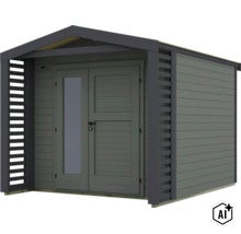 Abri de jardin moderne en bois avec toit en bâtière, double porte et panneaux latéraux à lattes pour le jardin. (Image AI modified or generated)