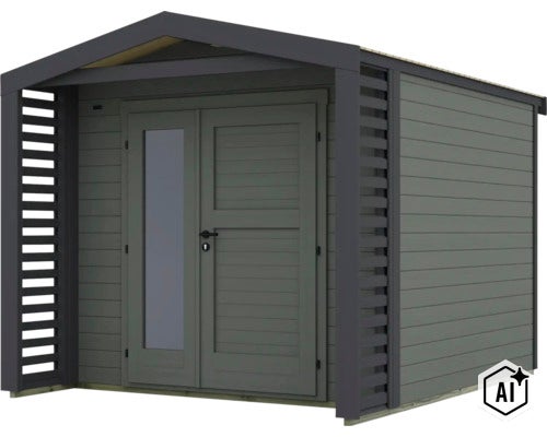 Abri de jardin moderne en bois avec toit en bâtière, double porte et panneaux latéraux à lattes pour le jardin. (Image AI modified or generated)